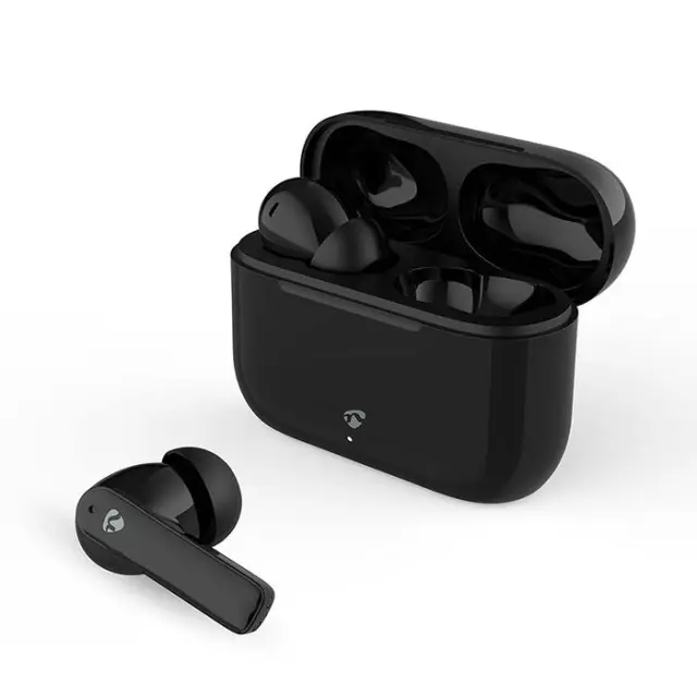Bluetooth ακουστικά handsfree με θήκη φόρτισης και λειτουργία environmental noise cancelling (ENC), σε μαύρο χρώμα.