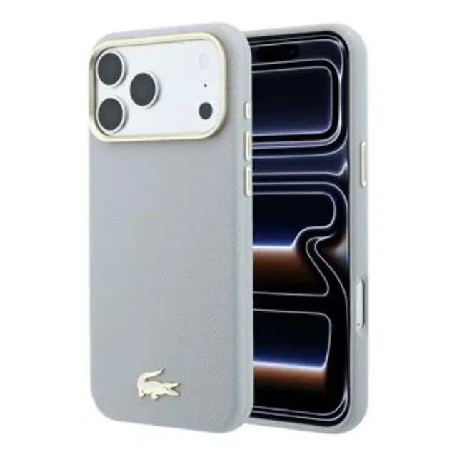 Lacoste PU Leather Champs Elysees Gold Logo MagSafe Case for iPhone 18 Pro Light Grey