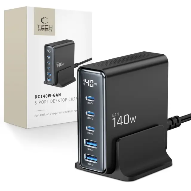 Tech-protect Dc140w-gan 5-port Desktop Charger Pd140w/qc3.0 Black