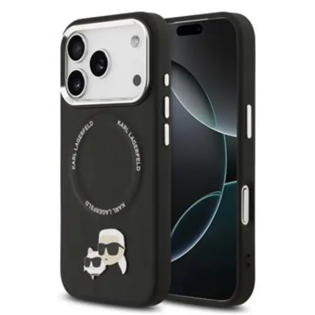 Karl Lagerfeld PU Karl and Choupette Heads Pins MagSafe Case for iPhone 17 Pro Max Black