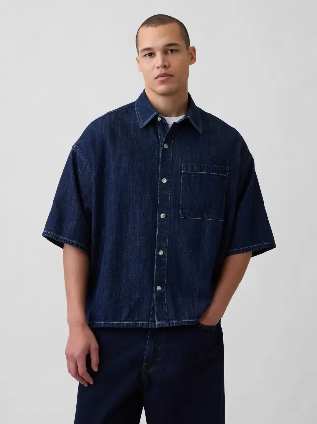 Ανδρικό Τζιν Πουκάμισο Oversized με Ίσιο Στρίφωμα RINSED