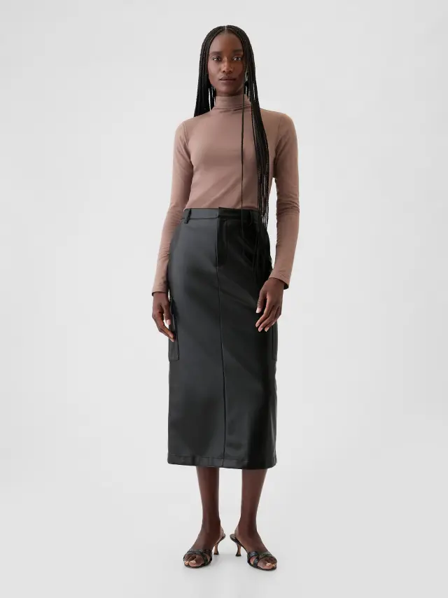 Μαύρη Vegan Leather Cargo Midi Φούστα Black - 0