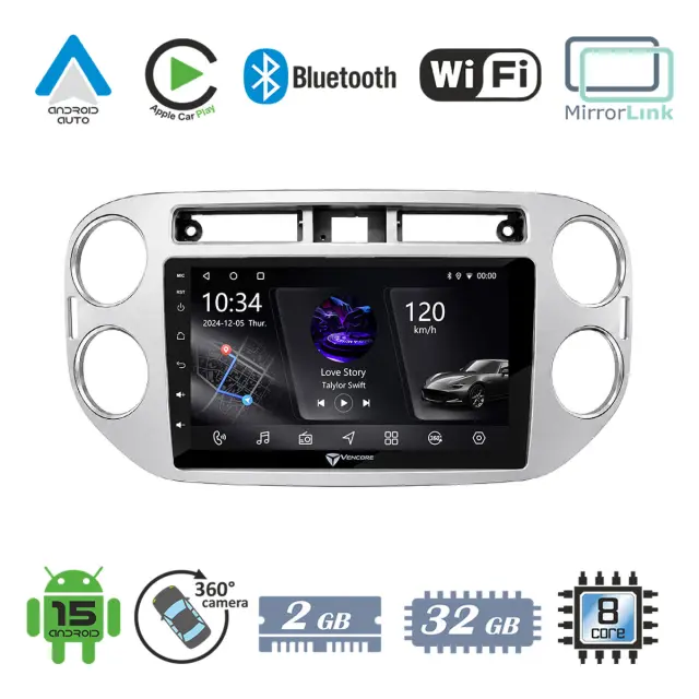 VenCore Οθόνη Multimedia Android 15 9" PX5S Octa-Core 2GB/32GB IPS με Πρόσοψη, CarPlay, Android Auto και Υποστήριξη Κάμερας 360° για VW Tiguan 2008-2016 – Γκρι (3236-10005-0639G)