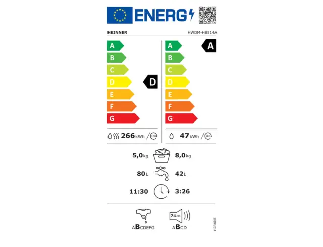 Πλυντήριο Ρούχων (8kg) + Στεγνωτήριο (5kg) Heinner HWDM-H8514A με κινητήρα Inverter, 1400rpm και ενεργειακή κλάση A HWDM-H8514A
