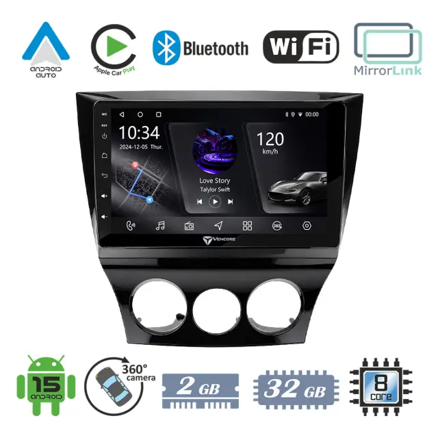 VenCore Οθόνη Multimedia Android 15 9" PX5S Octa-Core 2GB/32GB IPS με Πρόσοψη, CarPlay, Android Auto και Υποστήριξη Κάμερας 360° για Mazda RX8 2008-2012 – Μαύρη (3236-10005-0452B)