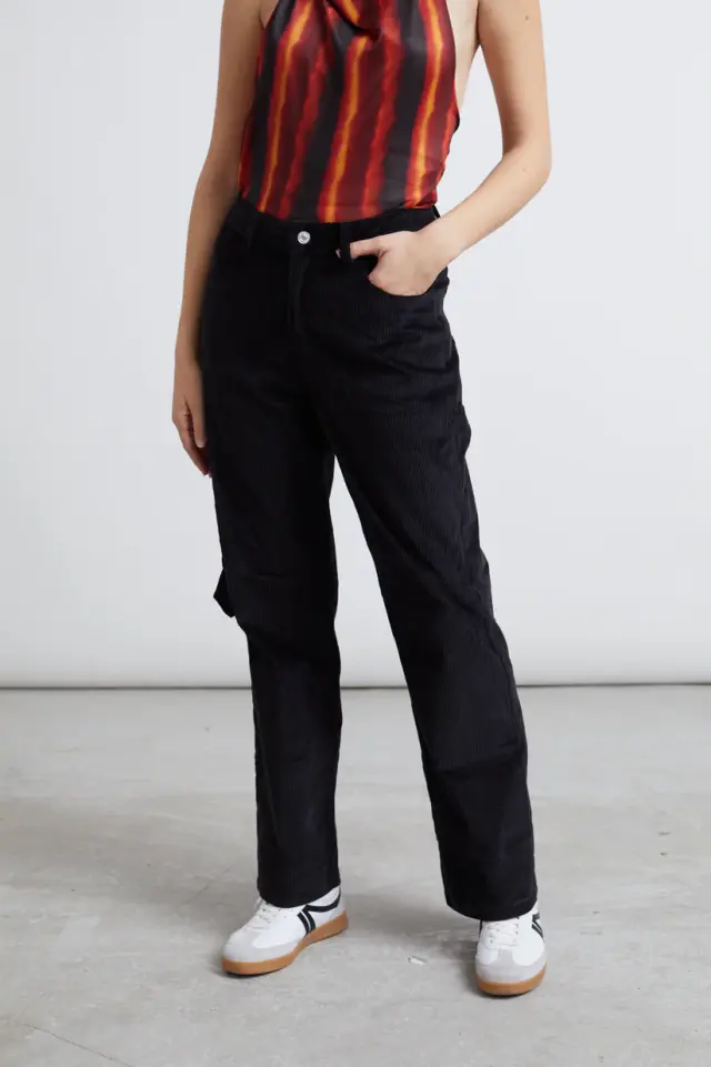 24COLOURS Corduroy Trousers Γυναικείο Παντελόνι Cotton/Elastane Wide Leg - Black 60844b - M