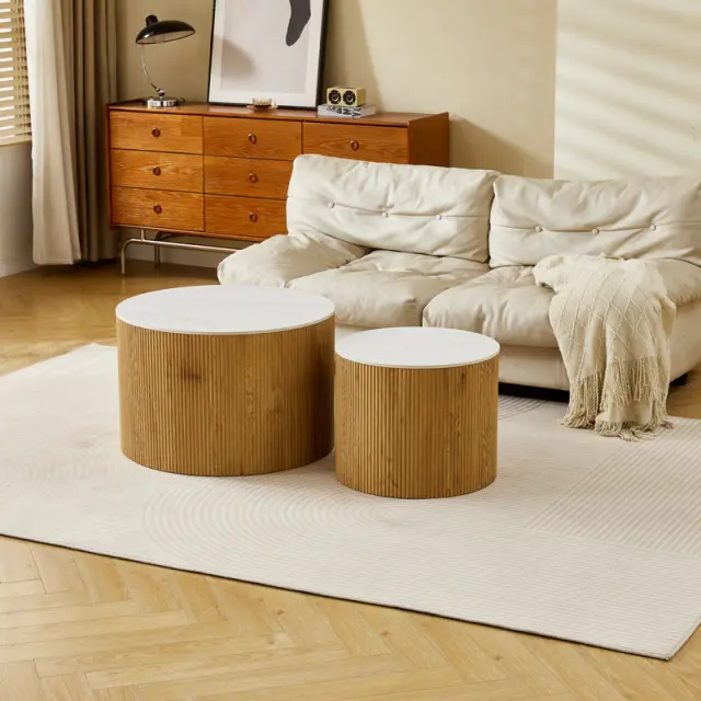 Τραπέζι σαλονιού Nelba pakoworld σετ 2τεμ oak MDF με κεραμική επιφάνεια σε όψη μαρμάρου