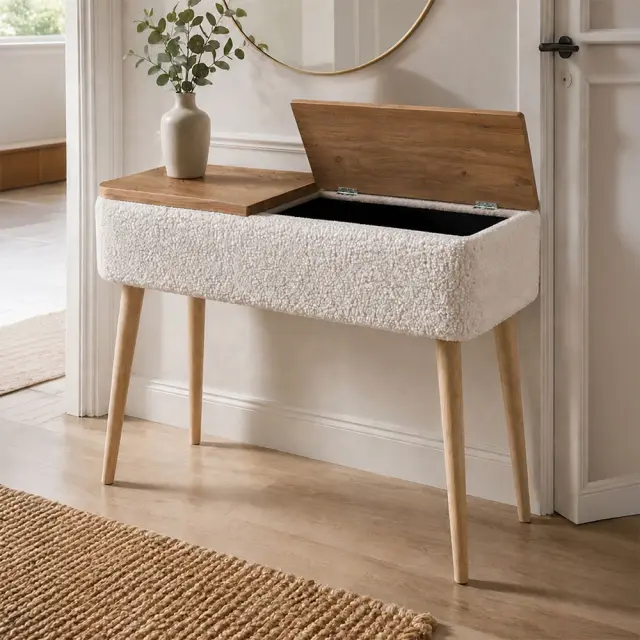 Κονσόλα Luno Megapap ύφασμα teddy χρώμα λευκό - pine oak 90x30x90εκ. 2