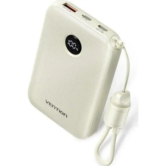 VENTION 10000mAh Power Bank (USB-C + USB-C/USB-C/USB-A) with Built-in USB-C to USB-C Cable 22.5W Beige LED Display Type (FKAN0-C) (VENFKAN0-C)