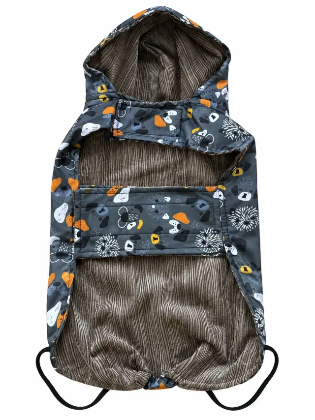 Αδιάβροχο Μπουφάν Σκύλου WOOF MODA με Κουκούλα, Dog Print & Κοτλέ Επένδυση – L 36cm 2