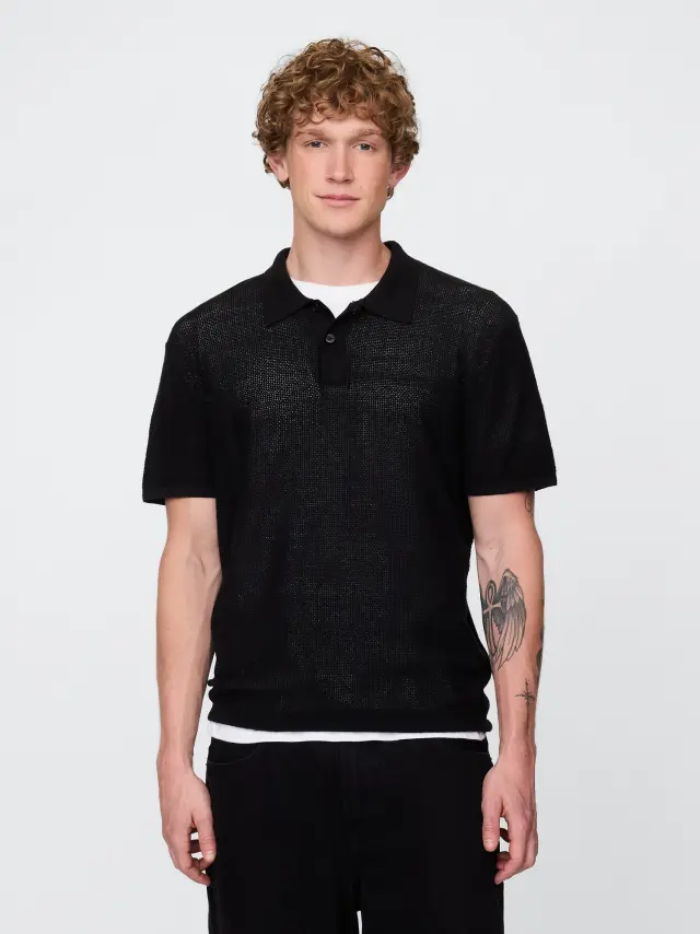 Μαύρη Textured Crochet Πόλο Μπλούζα True black