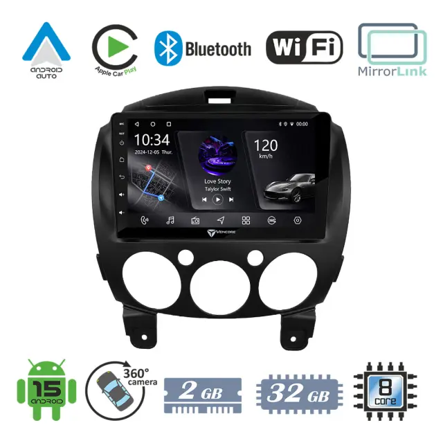 VenCore Οθόνη Multimedia Android 15 9" PX5S Octa-Core 2GB/32GB IPS με Πρόσοψη, CarPlay, Android Auto και Υποστήριξη Κάμερας 360° για Mazda 2 2008-2014 – Μαύρη (3236-10005-0667B)