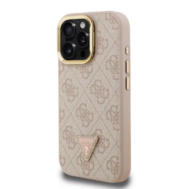Guess PU 4G Strass Triangle Logo Stand Camera Frame MagSafe Case for iPhone 15 Pro Max Pink 2