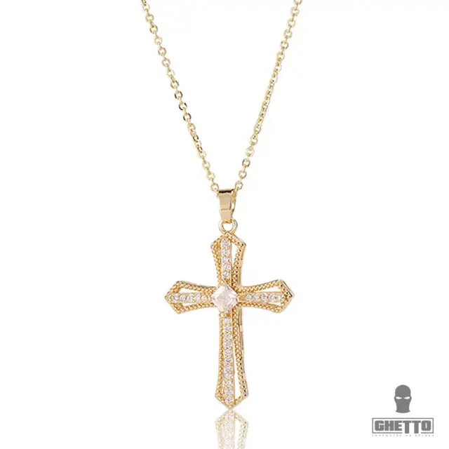 Ghetto CZ Full Diamond Gold Plated Cross Pendant Necklace