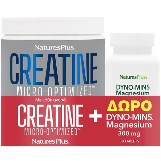 Natures Plus Promo Creatine Monohydrate Powder Μονοϋδρική Κρεατίνη Χωρίς Γεύση 330gr & Δώρο Dyno Mins Magnesium 300mg 90 ταμπλέτες