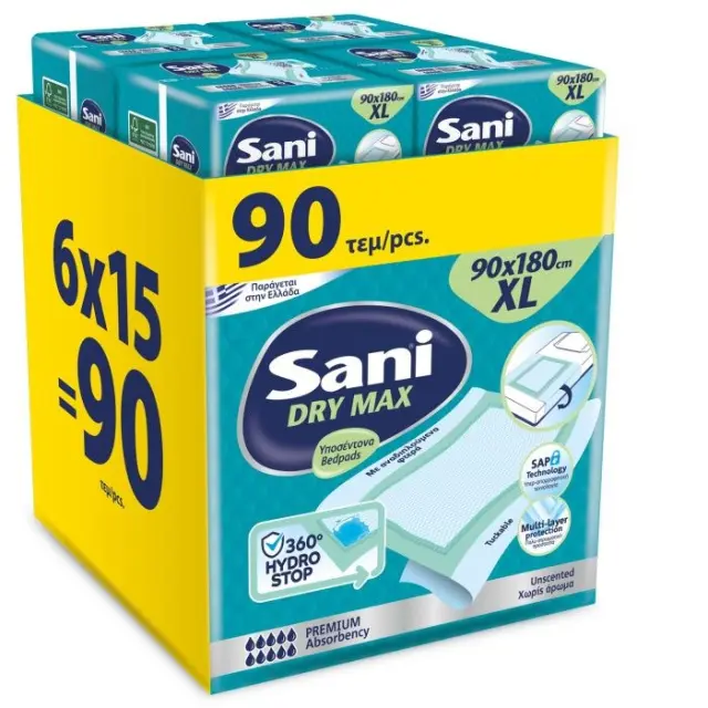 Υποσέντονα Sani PREMIUM DRYMAX XL 90x180 με αναδιπλούμενα φτερά (6*15τμχ)