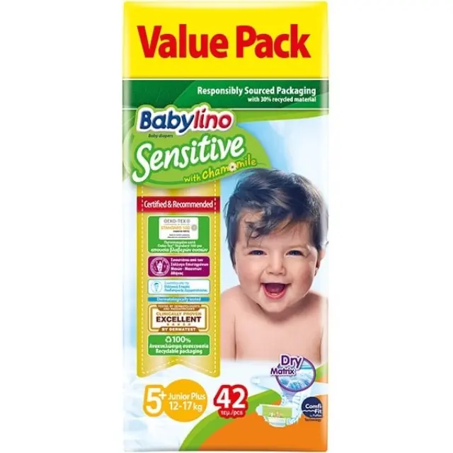 BABYLINO Πάνες με Αυτοκόλλητο Sensitive No. 5+ για 12-17kg 42τμχ