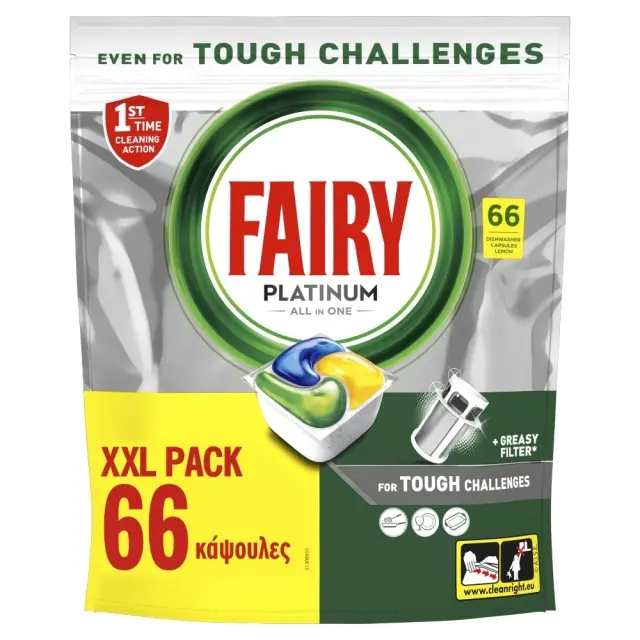 Fairy Caps Platinum Πλυντηρίου Πιάτων Λεμόνι XXL 66τεμαχίων