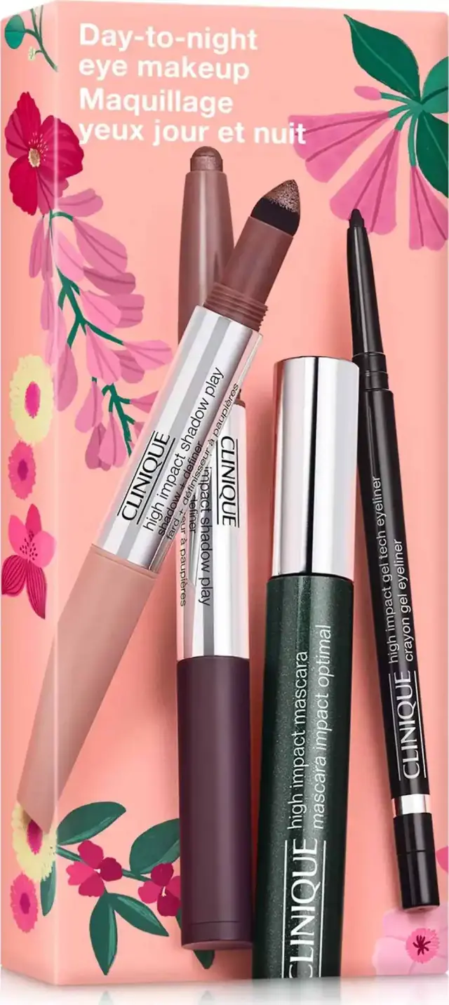 Clinique Day To Night Eye Makeup Σετ Μακιγιάζ Ματιών: High Impact Shadow Play™ Shadow + Definer σε Rosé + Truffles 1.9 g + High Impact Shadow Play™ Shadow + Definer σε Royal Couple 1.9 g + High Impact™ Gel Tech Eyeliner σε Intense Black 0.35 g + High Impact™ Mascara σε Black 7 ml