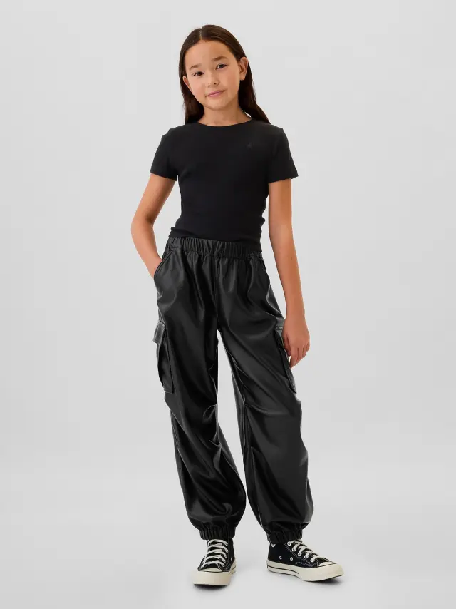 Μαύρο Παιδικό Pull-On Cargo Parachute Παντελόνι Black faux leather
