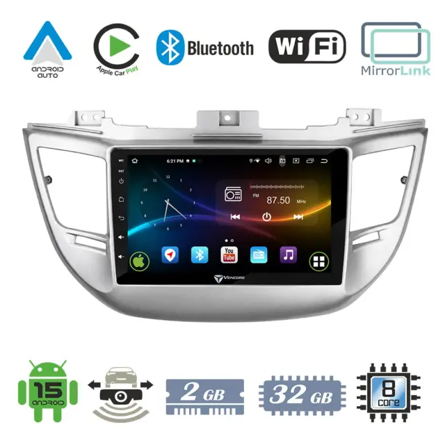 VenCore Οθόνη Multimedia Android 15 9" 9109A MTK6762 Octa-Core 2GB/32GB IPS με Πρόσοψη, CarPlay, Android Auto και Υποστήριξη Κάμερας Οπισθοπορείας AHD για Hyundai Tucson 2015-2018 – Ασημί (3236-10007-0068S)