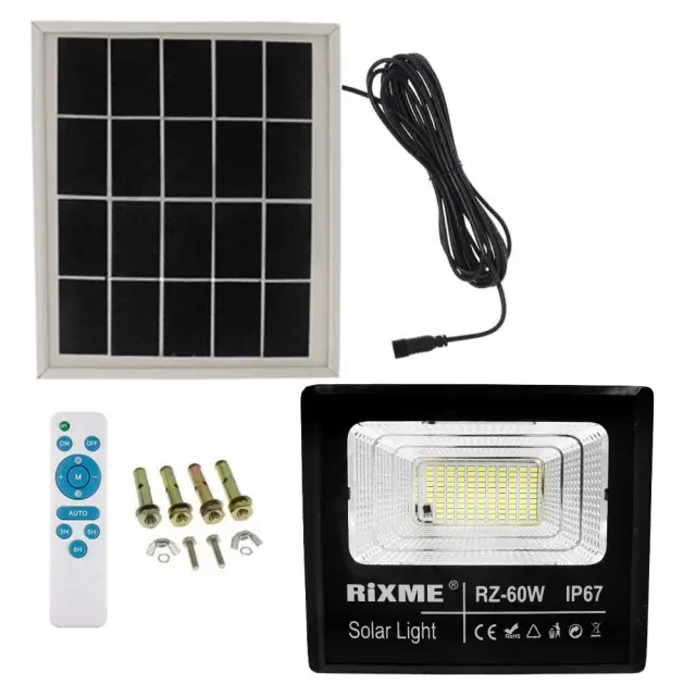 Led Αδιάβροχος Ηλιακός Προβολέας 60W 8800LM με Πάνελ και Τηλεχειριστήριο Rixme RZSL-8300