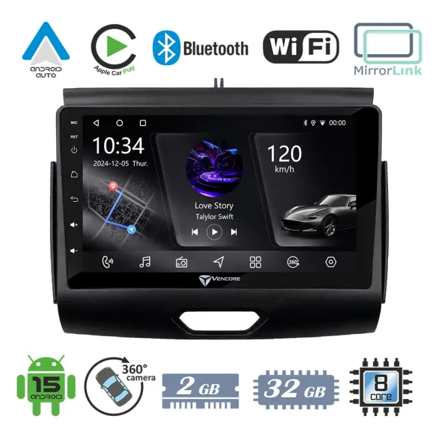 VenCore Οθόνη Multimedia Android 15 9" PX5S Octa-Core 2GB/32GB IPS με Πρόσοψη, CarPlay, Android Auto και Υποστήριξη Κάμερας 360° για Ford Ranger 2017-2022 – Μαύρη (3236-10005-0496B)
