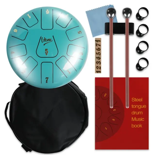 V-TONE VBJ 8-11 C Steel Tongue Drum Tank Drum Hank Drum Cyan 8 Inch 11 Tones Drumsticks Case with Strap 4 Finger Cots Stick Rest Stickers Tune List Cloth Kit 3