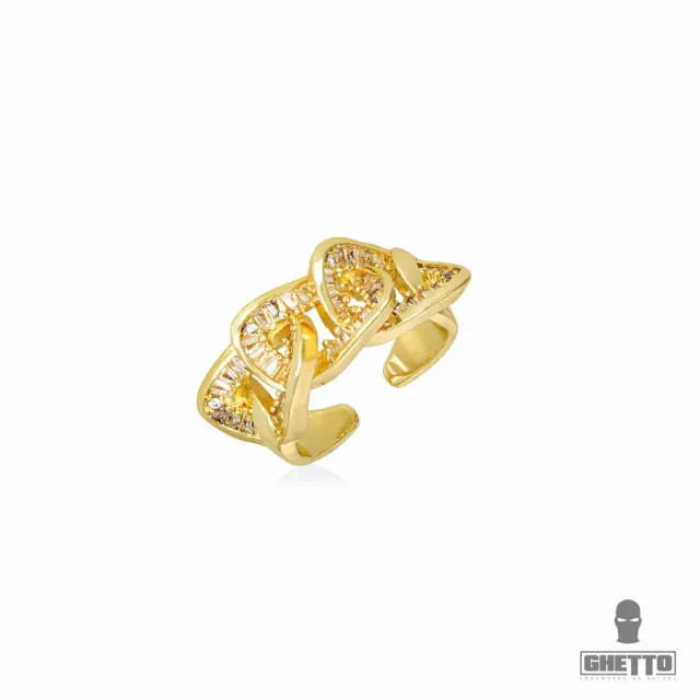 Ghetto CZ Cuban Shaped Ring Adjustable Stainless Steel Gold