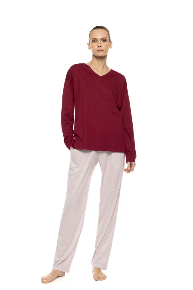 Pink Label Pyjama Stripe Bordeaux σετ γυναικεία χειμερινή πυτζάμα W1930-1