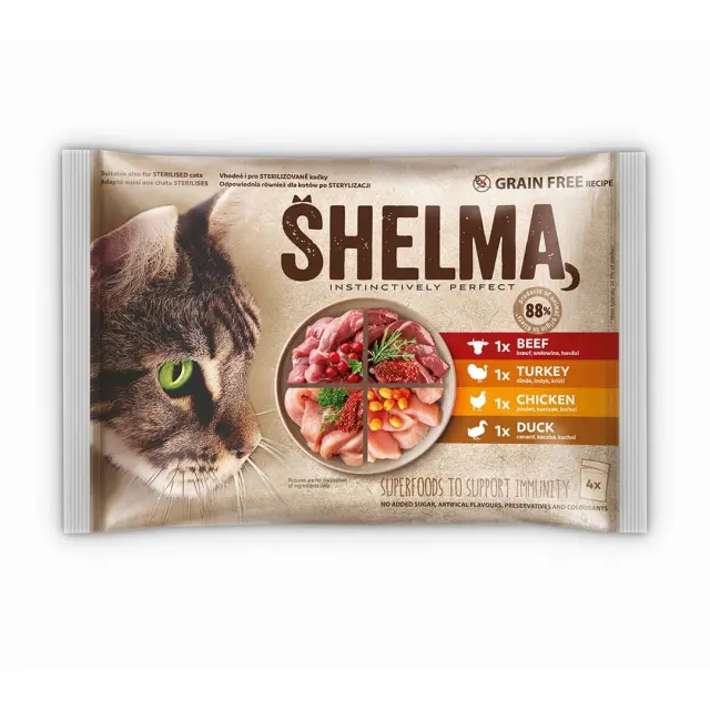 SHELMA Rich in chicken, turkey, beef and duck - wet cat food - 4x85g
