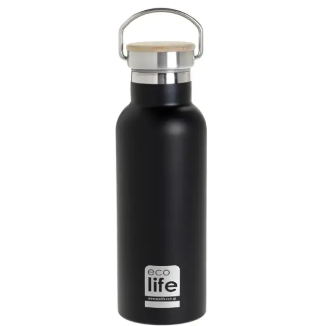 Ecolife® -Ανοξείδωτο Μπουκάλι Θερμός 500ml- Bamboo Lid Μαύρο.