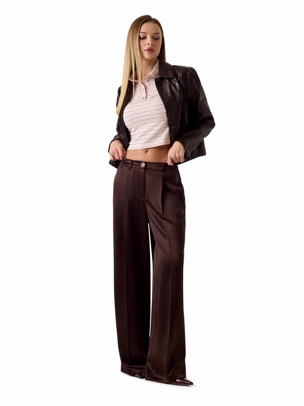 GUESS Καφέs Σατέν Παντελόνι wide leg Καφέ - L 2
