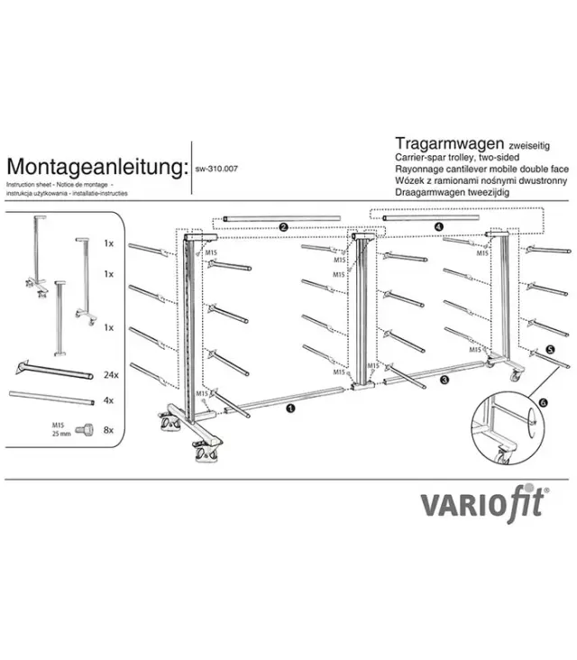 Variofit sw-310.007 Τρόλεϊ Επιμηκών Αντικειμένων με Βραχίονες Διπλής Όψης για Φορτίο Βάρους ως 400kg 2