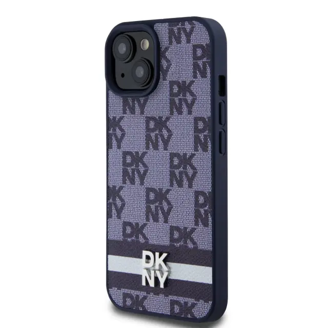DKNY PU Leather Checkered Pattern and Stripe Case for iPhone 15 Blue 3