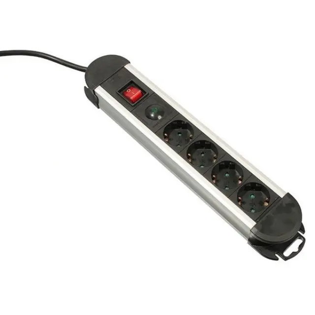 Aluminium Earthed Power Strip 4 Earthed Sockets, 1.5m, Black