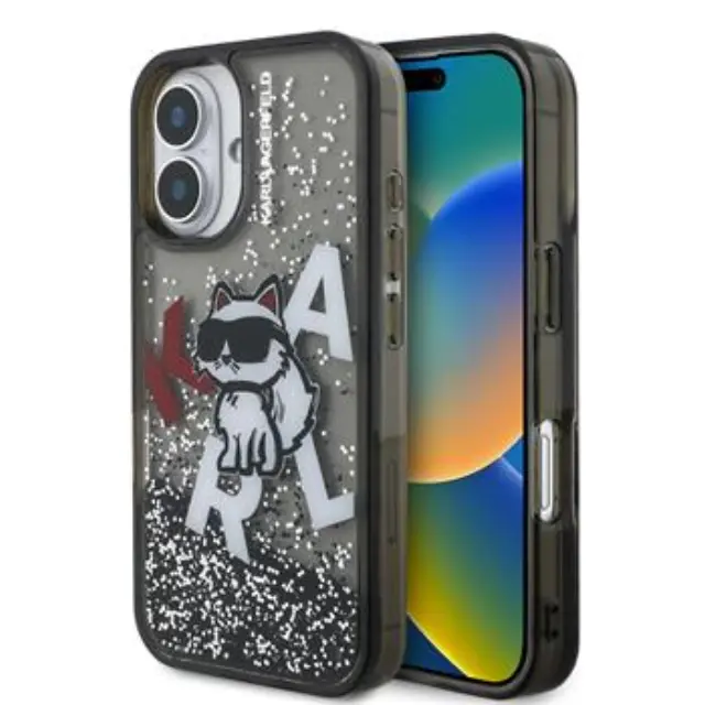 Karl Lagerfeld Liquid Glitter Scattered Choupette Case for iPhone 16 Black