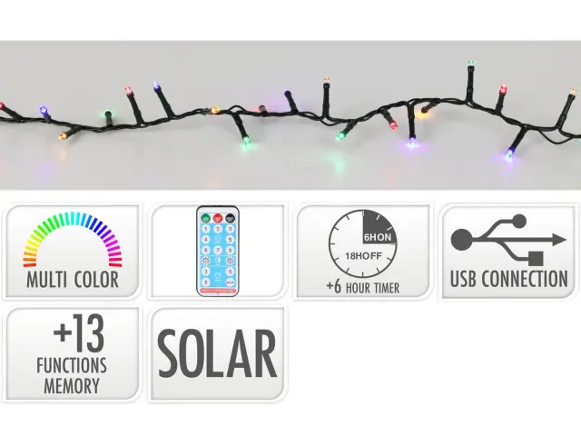 768 Ηλιακά Φωτάκια LED - 5.6 Μέτρα + 3 Μέτρα σύνδεσης, με χρονοδιακόπτη, Κανονική Διάταξη, Μαύρο καλώδιο PVC - Πολύχρωμο AEX100240