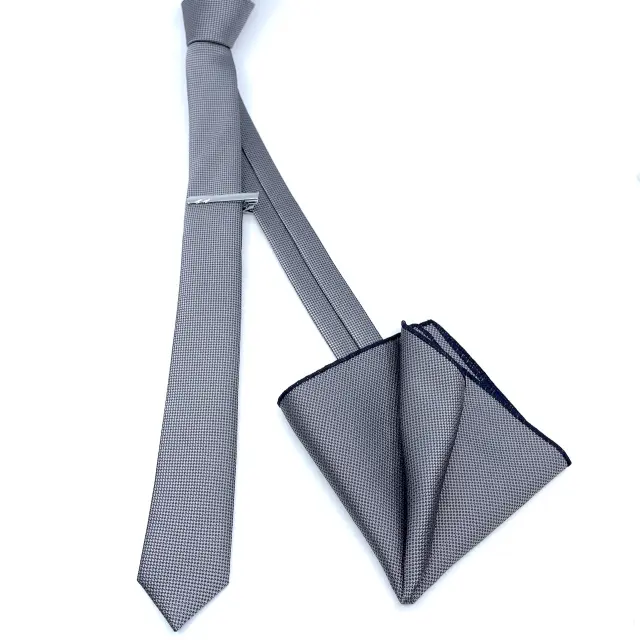 Γκρι Oxford Γραβάτα Slim 4,5 cm Σετ με Μαντηλάκι 2