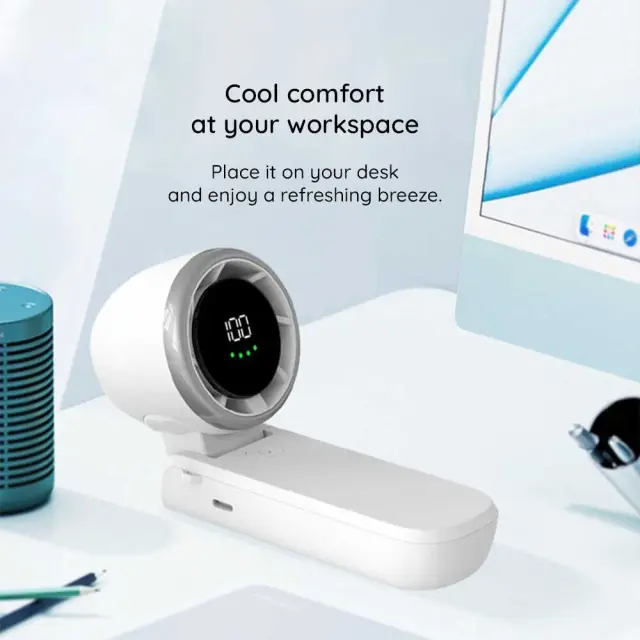 Techsuit - Premium Mini Hand Fan (A9) - with LED Digital Display, USB-C Rechargeable, 5 Wind Speeds, 5000mAh - White 2