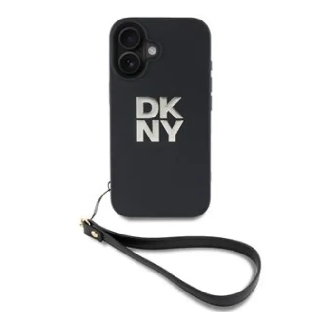 DKNY PU Leather Stack Logo Wrist Strap Case for iPhone 16 Black