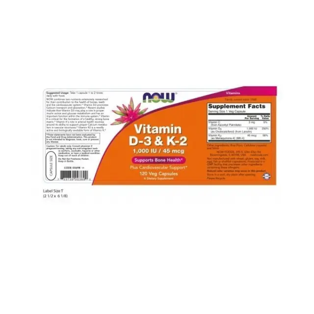 Now Foods Vitamin D-3 & K-2 Βιταμίνες D3 + K2 1000iu 120 Φυτικές Κάψουλες 2