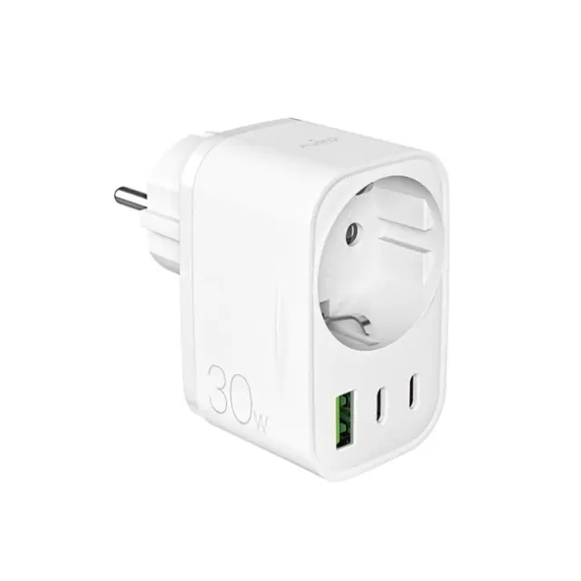 Puro Power Delivery Charger with Schuko Plug and Socket 30W 2x USB-C / 1x USB-A White