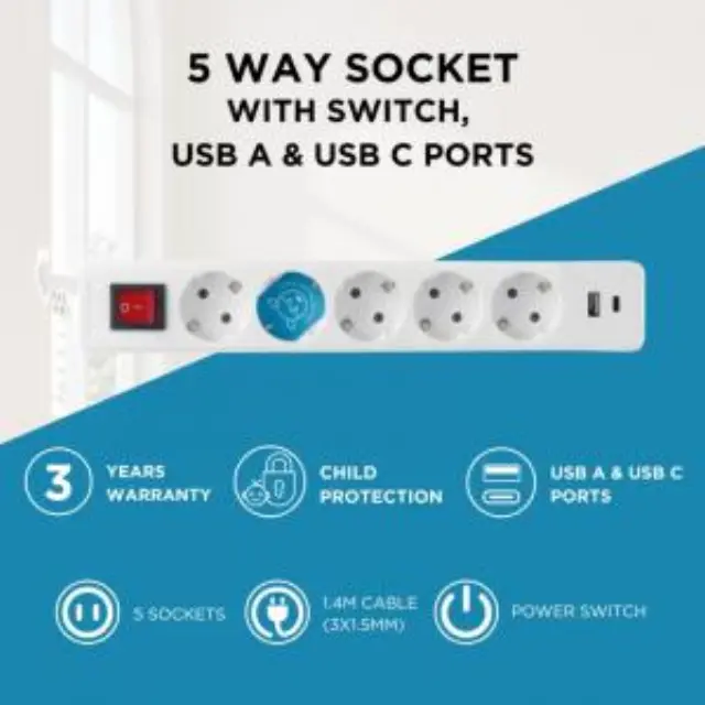 Πολύπριζο GSC 5 Θέσεων με Διακόπτη, Θύρες 1xUSB A, 1xUSB C & Καλώδιο 1.4m (3 x 1.5mm) Λευκό N67566 3