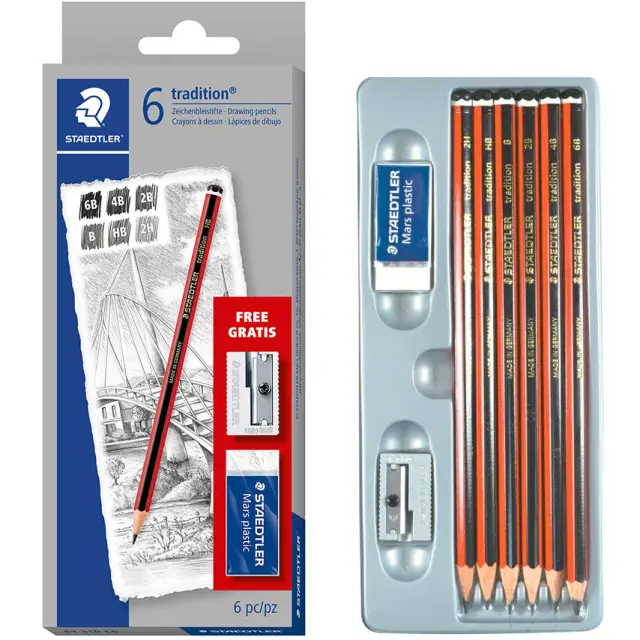 Set 6 Μολύβια Σχεδίου Staedtler Tradition & Δώρο Μεταλλική Ξύστρα & Γόμα