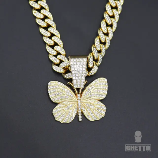 Ghetto Hip Hop Big Butterfly Pendant Necklace Rhinestone Cuban Link Chain 2