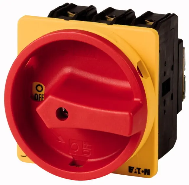 P1-32/EA/SVB Main switch, P1, 32 A, flush mounting, 3 pole, Emergency switching off function, With red rotary handle and yellow locking ring, Lockable in the 0 (Of