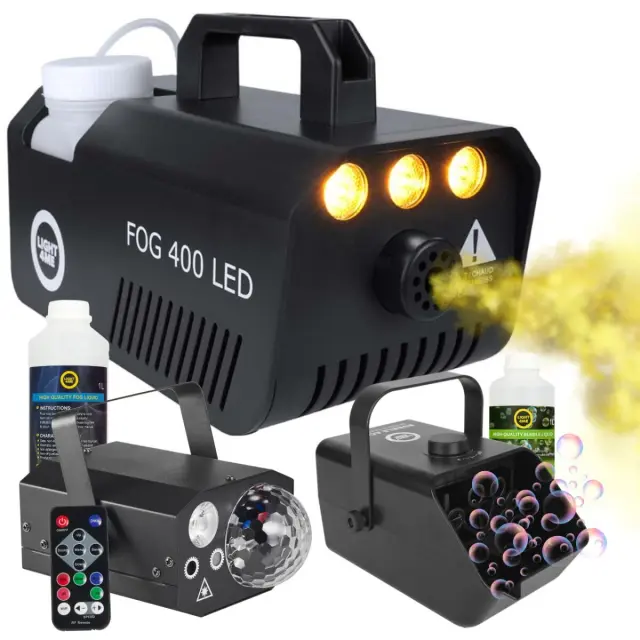 LIGHT4ME GIG SET 2 smoke machine 400W LED smoke liquid 1L battery-powered bubble machine bubble liquid 1L 4-in-1 lighting effect RGBW+RGB+R/G laser set for events and parties 3