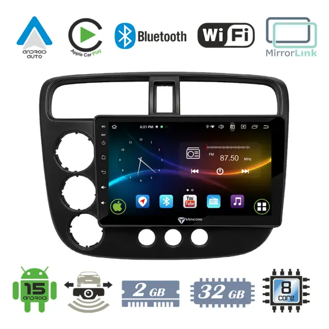 VenCore Οθόνη Multimedia Android 15 9" 9109A MTK6762 Octa-Core 2GB/32GB IPS με Πρόσοψη, CarPlay, Android Auto και Υποστήριξη Κάμερας Οπισθοπορείας AHD για Honda Civic 2001-2005 – Μαύρη (3236-10007-0445B)