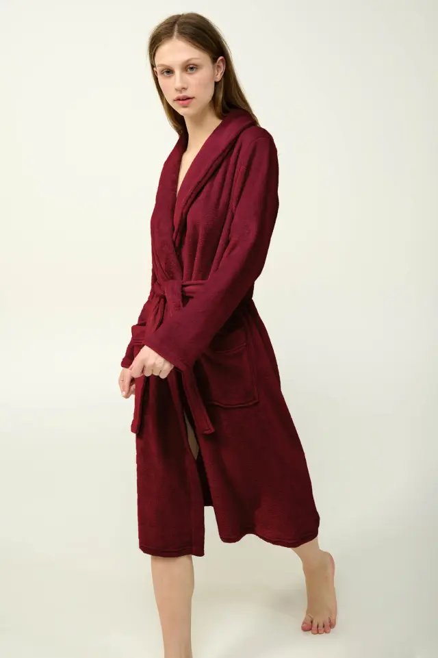 Μονόχρωμη Μακριά Γυναικεία Ρόμπα Fleece Vamp 23361 RED PORTO